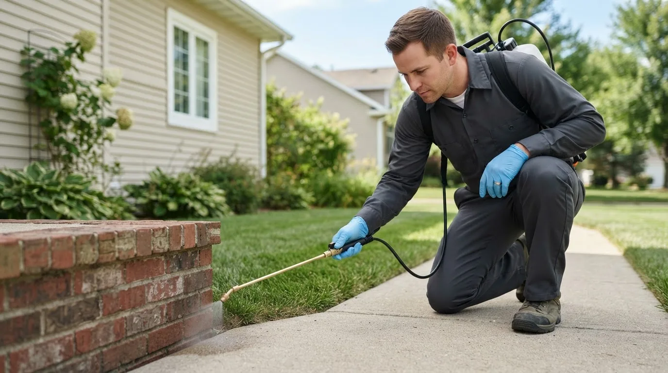 Pest control technician treating a home near Upperville, VA